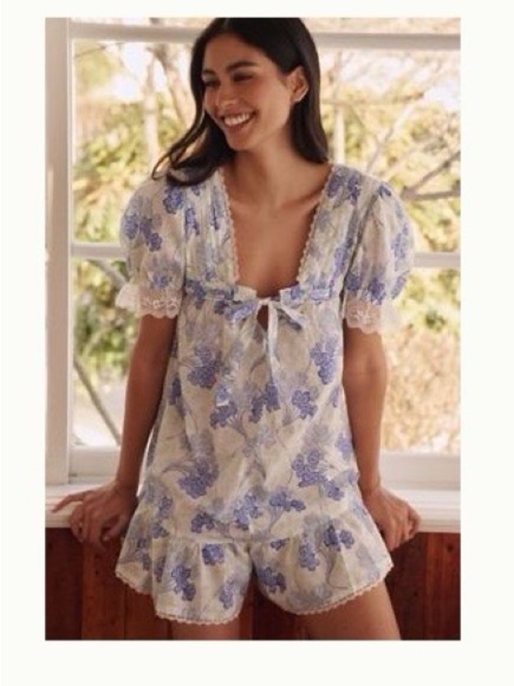 LyreBird Puff Sleeve Romper Blue Floral Lace-Trim Women's Dress Anthropologie